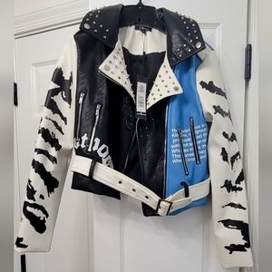 Women's/teen glam graphic motorcycle jacket - blue, black and white, spikes